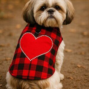 Buffalo Plaid Dog Harness Vest with Red Rhinestone Heart Winter Pet Outfit S